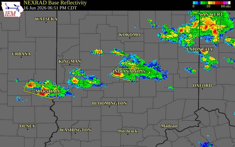 NEXRAD radar during the Tuesday, June 16, 2026 storm activity in Hendricks County, Indiana