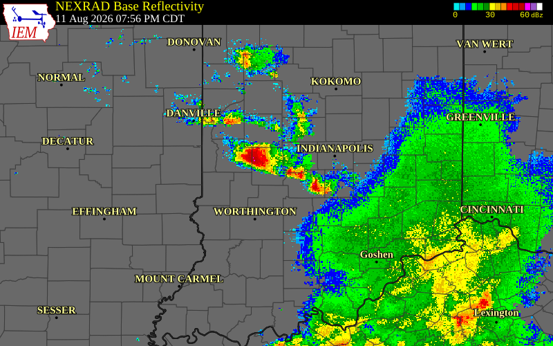 Radar snapshot during the Aug 11, 2026 hail event near Hendricks County, Hendricks County, Indiana, with NWS warning polygons