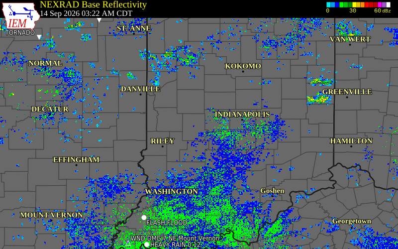 Current NEXRAD radar over Hendricks County, Indiana with recent storm report locations