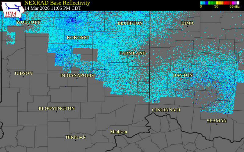 NEXRAD radar during the Sunday, March 15, 2026 storm activity in Henry County, Indiana