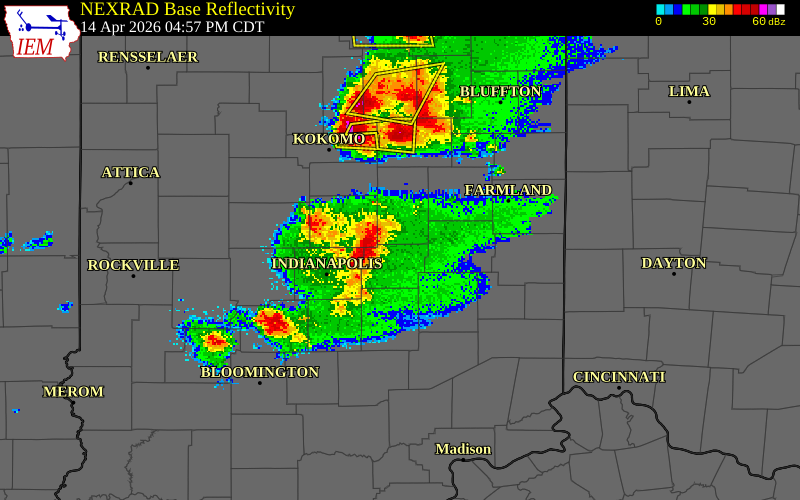 NEXRAD radar during the Tuesday, April 14, 2026 storm activity in Henry County, Indiana