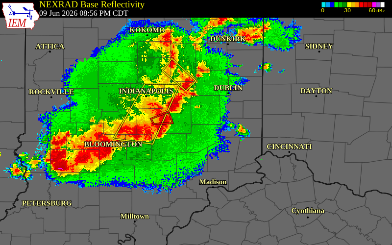 NEXRAD radar during the Tuesday, June 9, 2026 storm activity in Henry County, Indiana