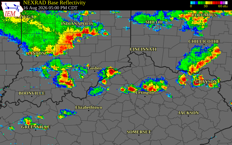 Radar snapshot during the Aug 1, 2026 wind event near Henry County, Henry County, Indiana, with NWS warning polygons
