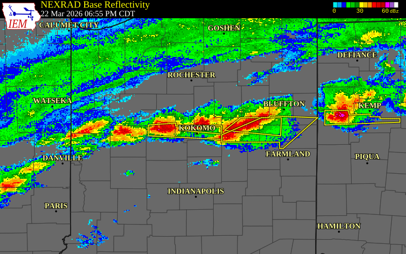 NEXRAD radar during the Sunday, March 22, 2026 storm activity in Howard County, Indiana