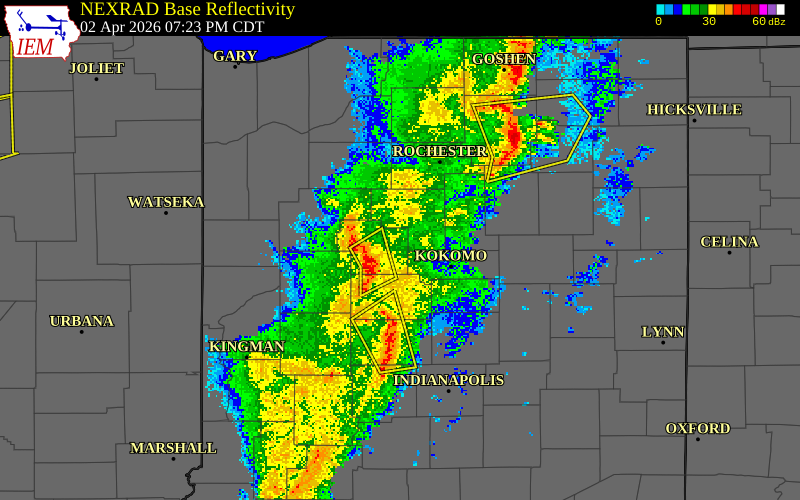 NEXRAD radar during the Thursday, April 2, 2026 storm activity in Howard County, Indiana