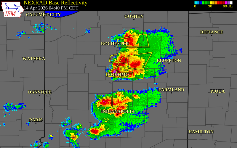 NEXRAD radar during the Tuesday, April 14, 2026 storm activity in Howard County, Indiana