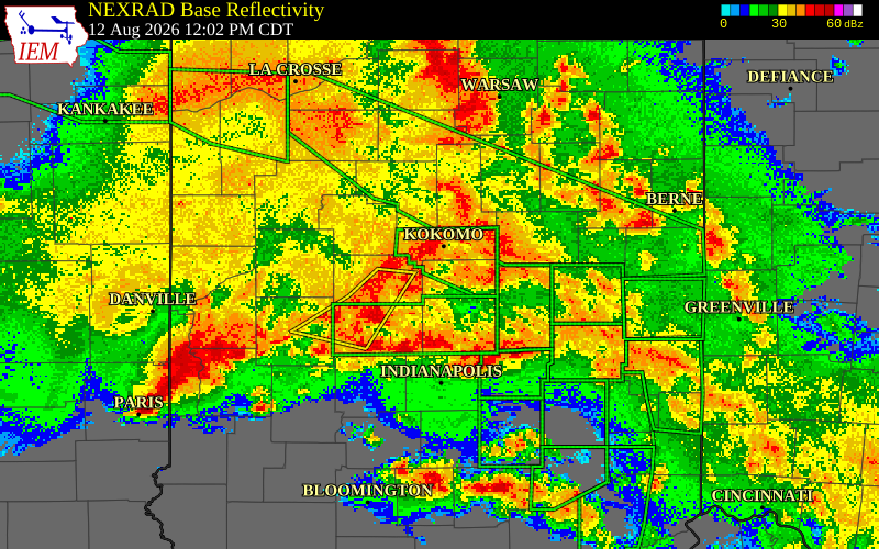 NEXRAD radar during the Wednesday, August 12, 2026 storm activity in Howard County, Indiana