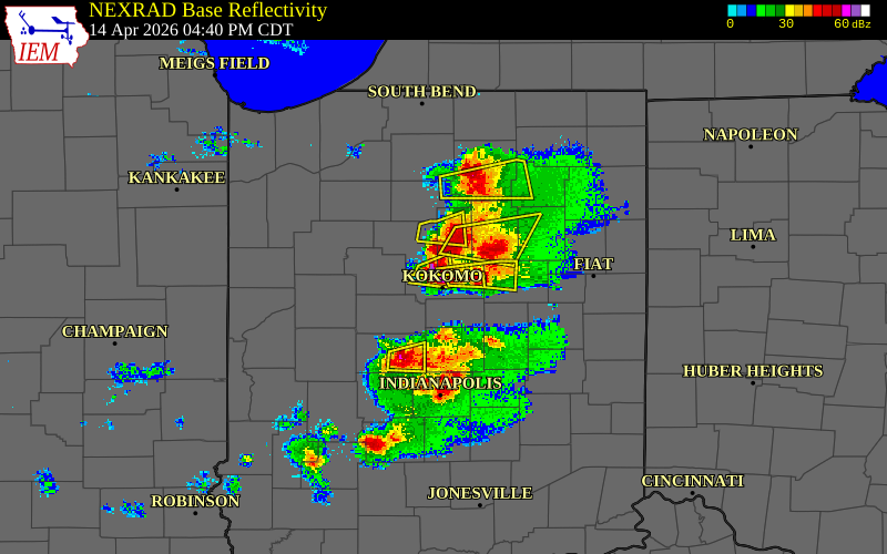 Radar snapshot during the Apr 14, 2026 hail event near 5 N Kokomo, Howard County, Indiana, with NWS warning polygons