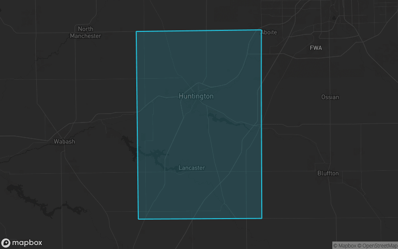 Map of Huntington County, Indiana showing the county boundary and surrounding cities