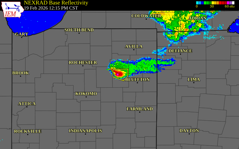 NEXRAD radar during the Thursday, February 19, 2026 storm activity in Huntington County, Indiana