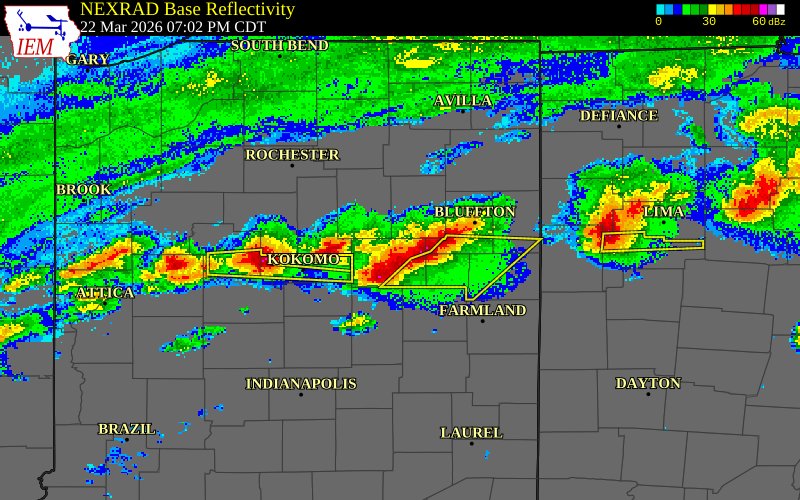 NEXRAD radar during the Sunday, March 22, 2026 storm activity in Huntington County, Indiana