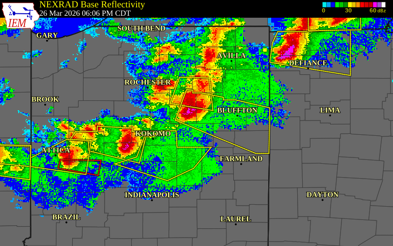 NEXRAD radar during the Thursday, March 26, 2026 storm activity in Huntington County, Indiana