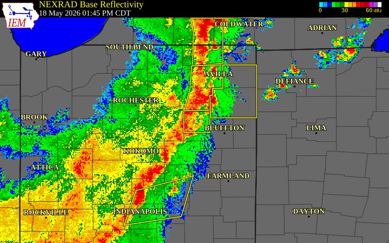 NEXRAD radar during the Monday, May 18, 2026 storm activity in Huntington County, Indiana
