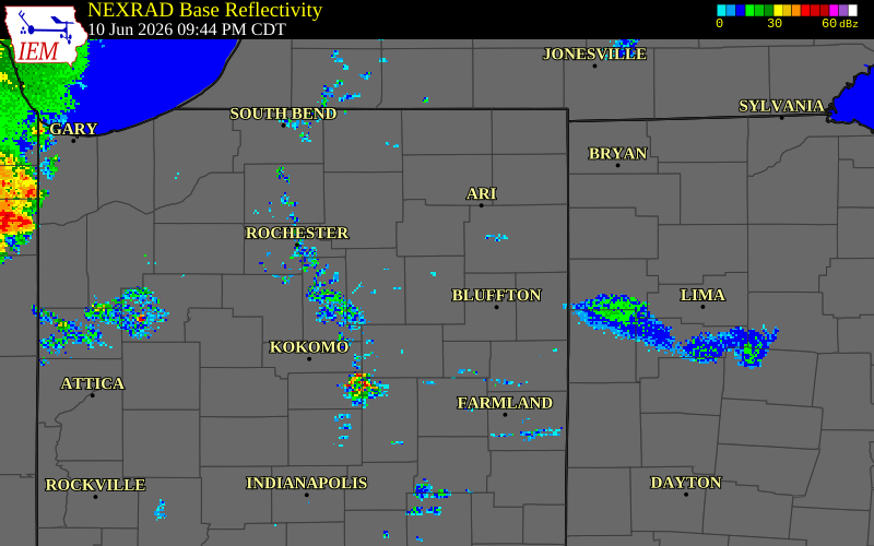 NEXRAD radar during the Wednesday, June 10, 2026 storm activity in Huntington County, Indiana