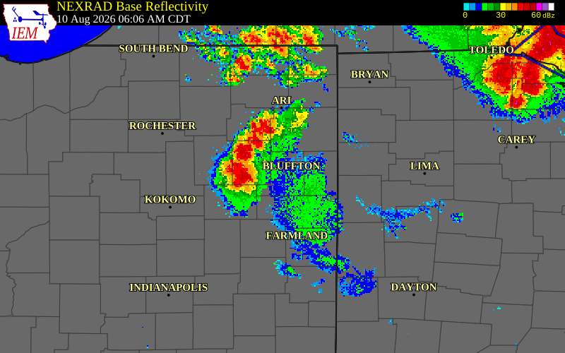 NEXRAD radar during the Monday, August 10, 2026 storm activity in Huntington County, Indiana