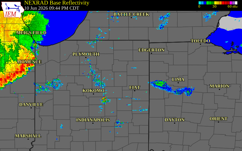 Radar snapshot during the Jun 10, 2026 tornado event near 3 NW Bowerstown, Huntington County, Indiana, with NWS warning polygons