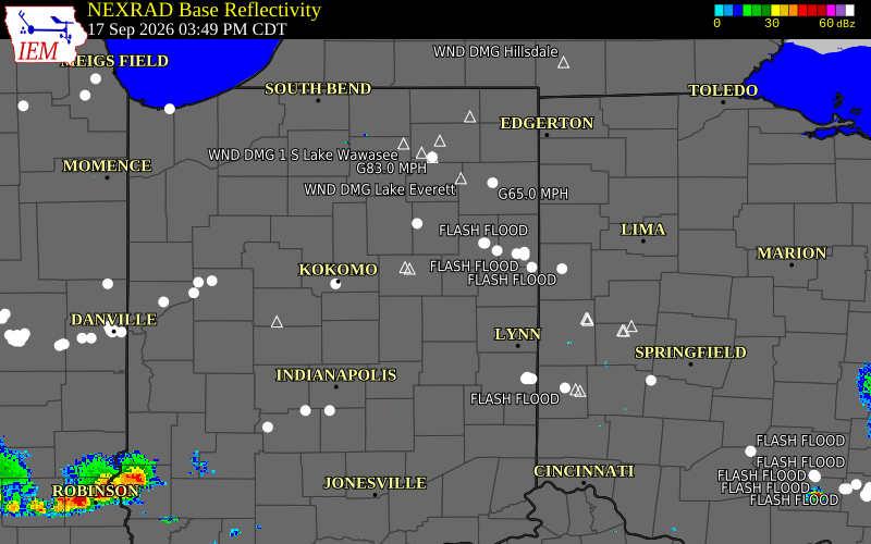 Current NEXRAD radar over Huntington County, Indiana with recent storm report locations