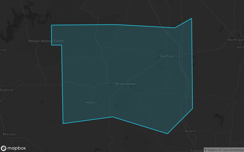 Map of Jackson County, Indiana showing the county boundary and surrounding cities