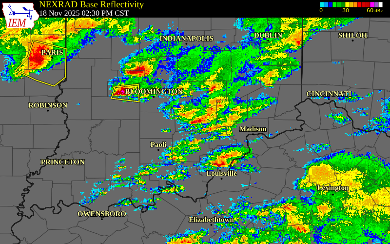 NEXRAD radar during the Tuesday, November 18, 2025 storm activity in Jackson County, Indiana