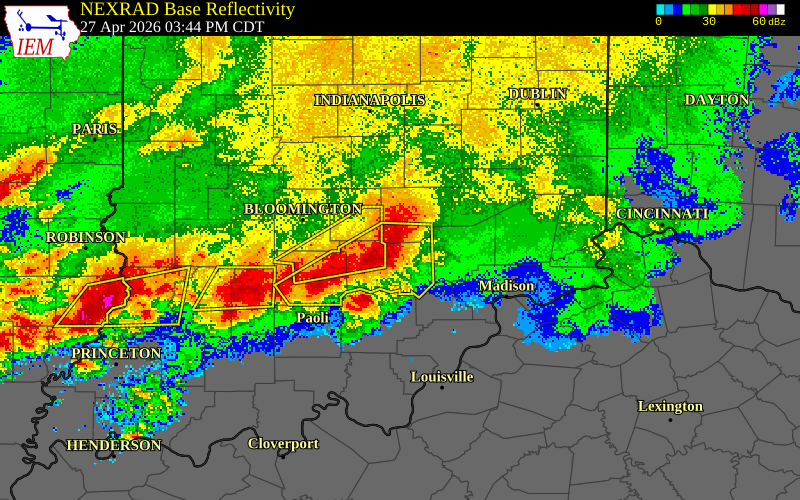 NEXRAD radar during the Monday, April 27, 2026 storm activity in Jackson County, Indiana