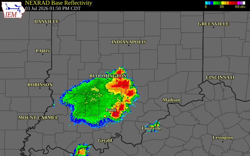 NEXRAD radar during the Friday, July 3, 2026 storm activity in Jackson County, Indiana