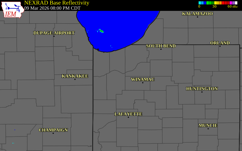NEXRAD radar during the Monday, March 9, 2026 storm activity in Jasper County, Indiana