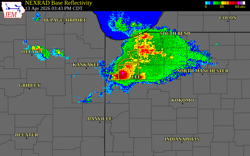 NEXRAD radar during the Monday, April 13, 2026 storm activity in Jasper County, Indiana