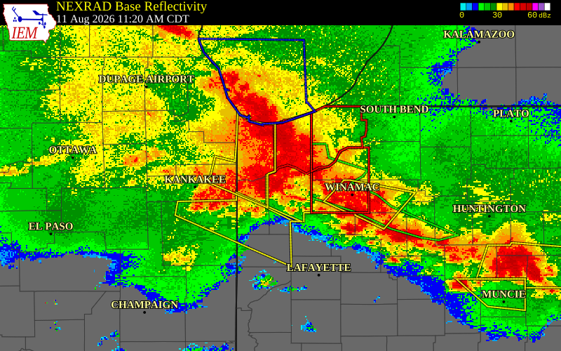 NEXRAD radar during the Tuesday, August 11, 2026 storm activity in Jasper County, Indiana