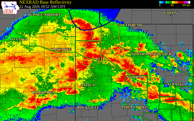 NEXRAD radar during the Wednesday, August 12, 2026 storm activity in Jasper County, Indiana
