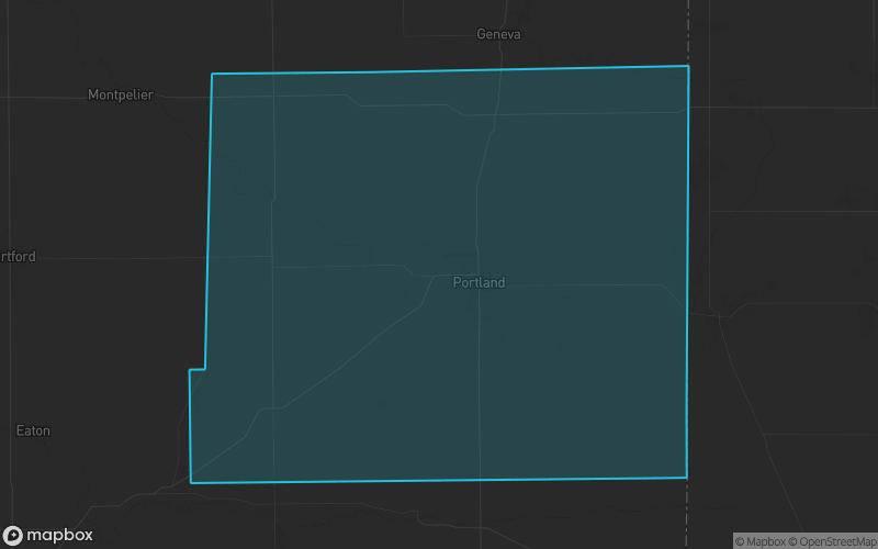 Map of Jay County, Indiana showing the county boundary and surrounding cities