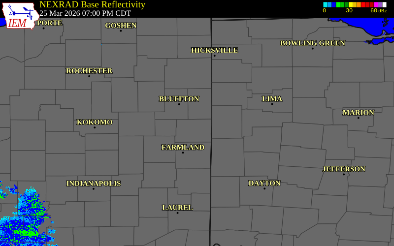 NEXRAD radar during the Wednesday, March 25, 2026 storm activity in Jay County, Indiana