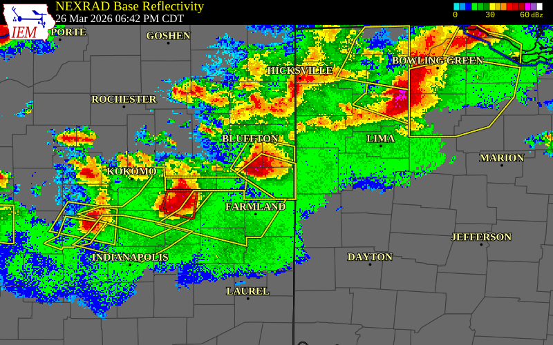 NEXRAD radar during the Thursday, March 26, 2026 storm activity in Jay County, Indiana