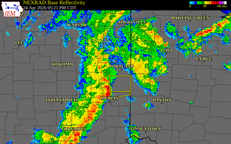 NEXRAD radar during the Friday, April 24, 2026 storm activity in Jay County, Indiana