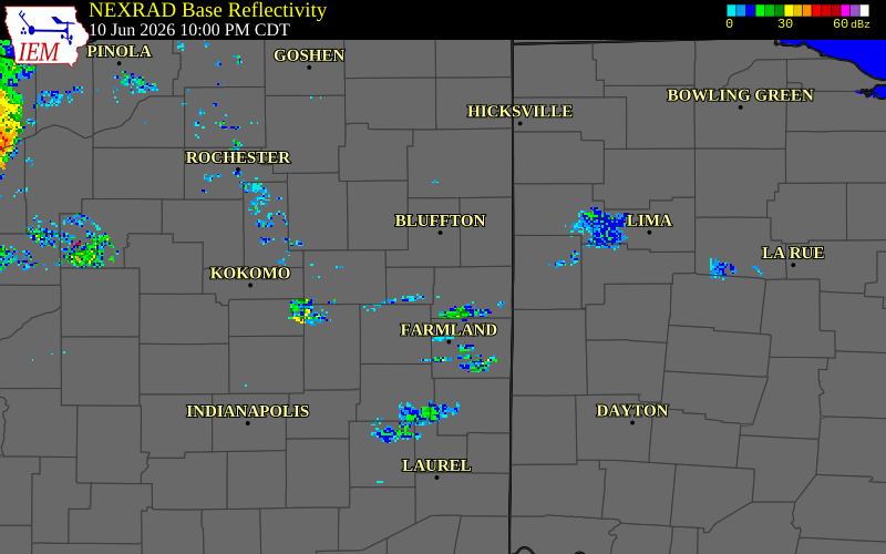 NEXRAD radar during the Wednesday, June 10, 2026 storm activity in Jay County, Indiana