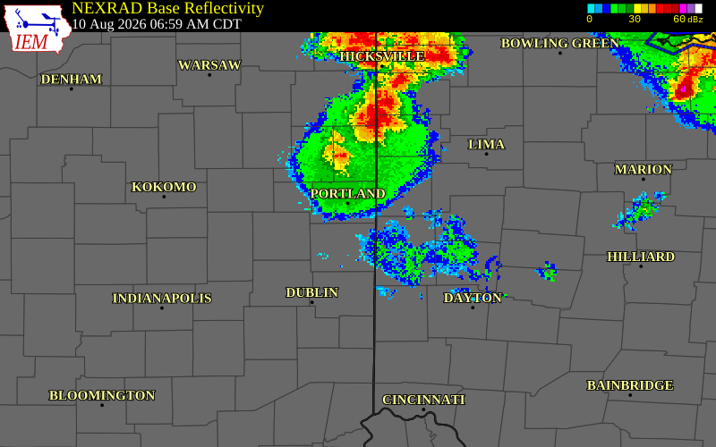 NEXRAD radar during the Monday, August 10, 2026 storm activity in Jay County, Indiana