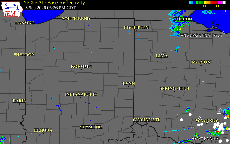 Current NEXRAD radar over Jay County, Indiana with recent storm report locations