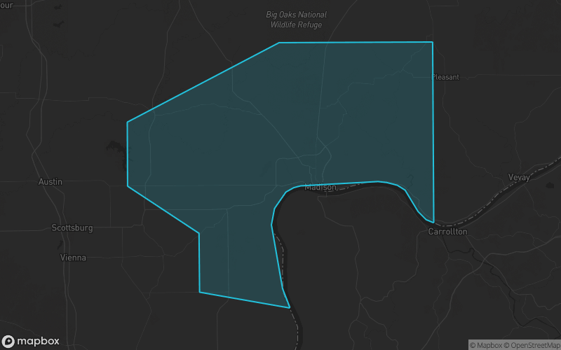 Map of Jefferson County, Indiana showing the county boundary and surrounding cities