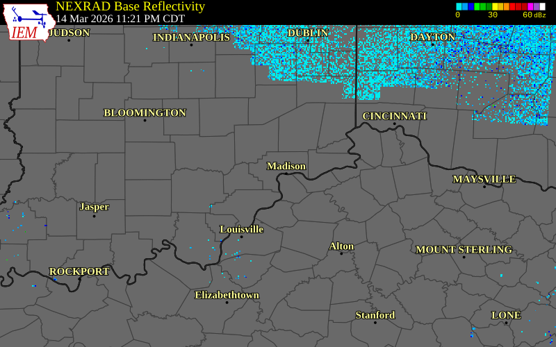 NEXRAD radar during the Sunday, March 15, 2026 storm activity in Jefferson County, Indiana