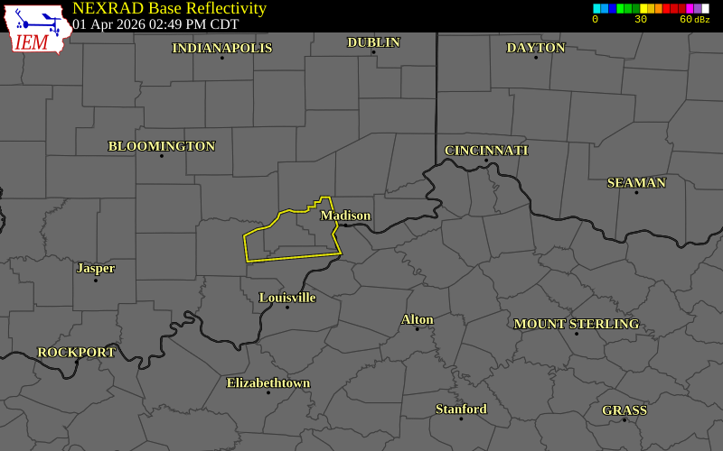 NEXRAD radar during the Wednesday, April 1, 2026 storm activity in Jefferson County, Indiana