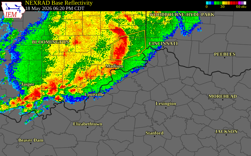 NEXRAD radar during the Monday, May 18, 2026 storm activity in Jefferson County, Indiana