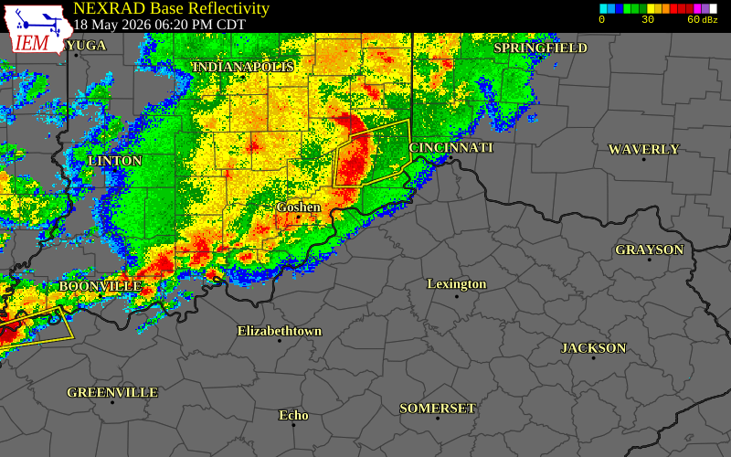 Radar snapshot during the May 18, 2026 wind event near Jefferson County, Jefferson County, Indiana, with NWS warning polygons