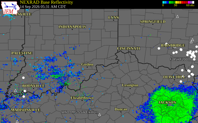 Current NEXRAD radar over Jefferson County, Indiana with recent storm report locations