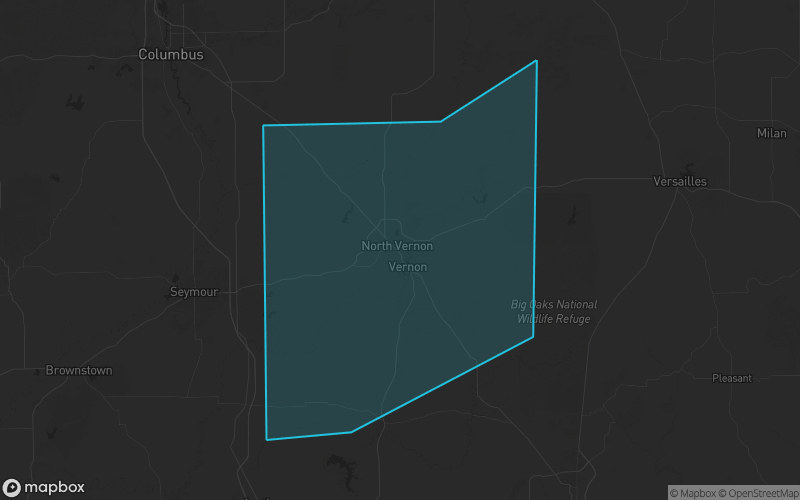 Map of Jennings County, Indiana showing the county boundary and surrounding cities