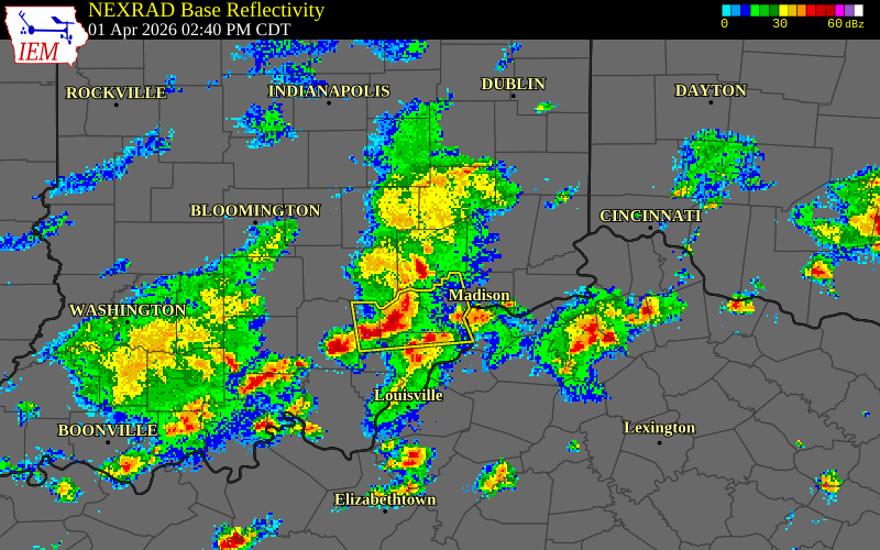NEXRAD radar during the Wednesday, April 1, 2026 storm activity in Jennings County, Indiana