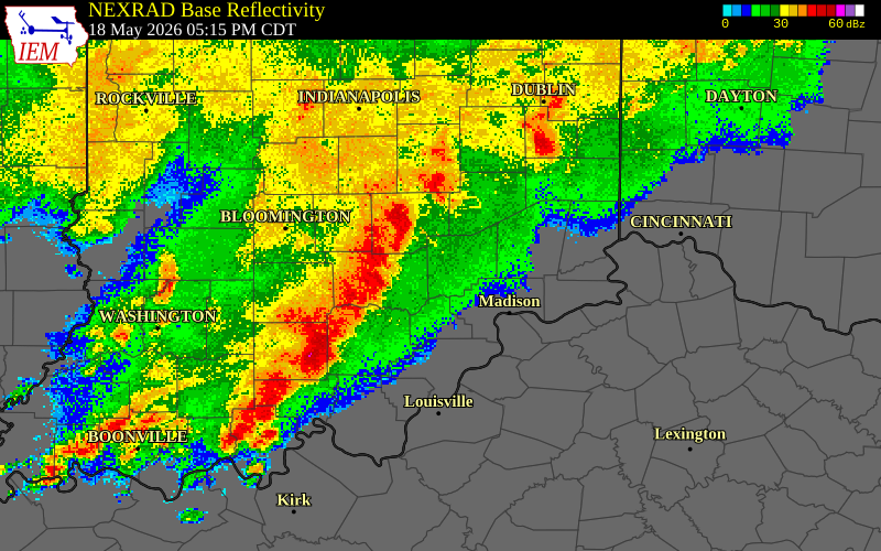 NEXRAD radar during the Monday, May 18, 2026 storm activity in Jennings County, Indiana