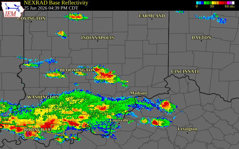 NEXRAD radar during the Thursday, June 25, 2026 storm activity in Jennings County, Indiana