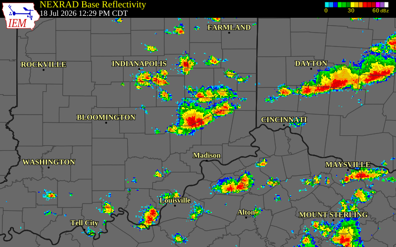 NEXRAD radar during the Saturday, July 18, 2026 storm activity in Jennings County, Indiana