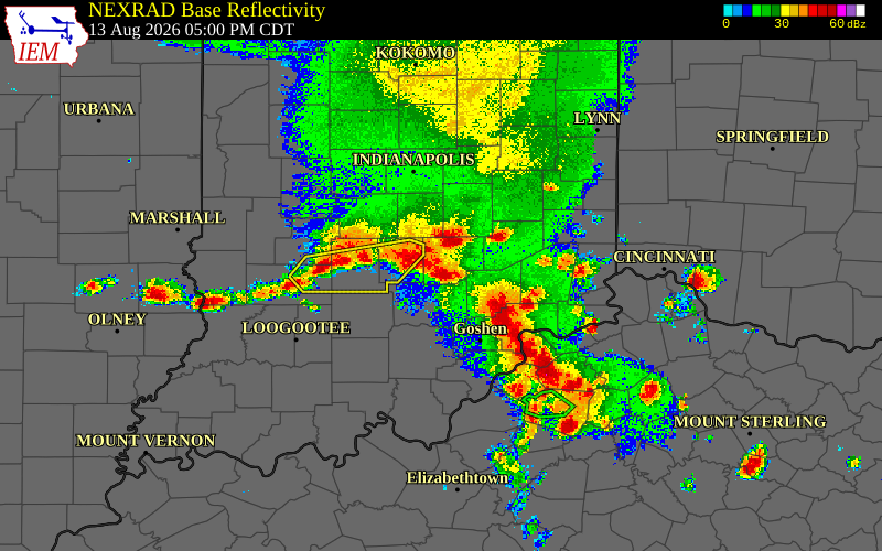Radar snapshot during the Aug 12, 2026 wind event near Jennings County, Jennings County, Indiana, with NWS warning polygons