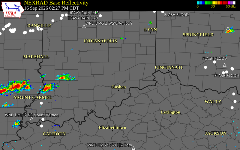 Current NEXRAD radar over Jennings County, Indiana with recent storm report locations