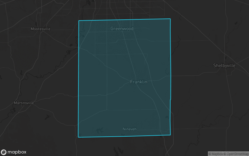 Map of Johnson County, Indiana showing the county boundary and surrounding cities